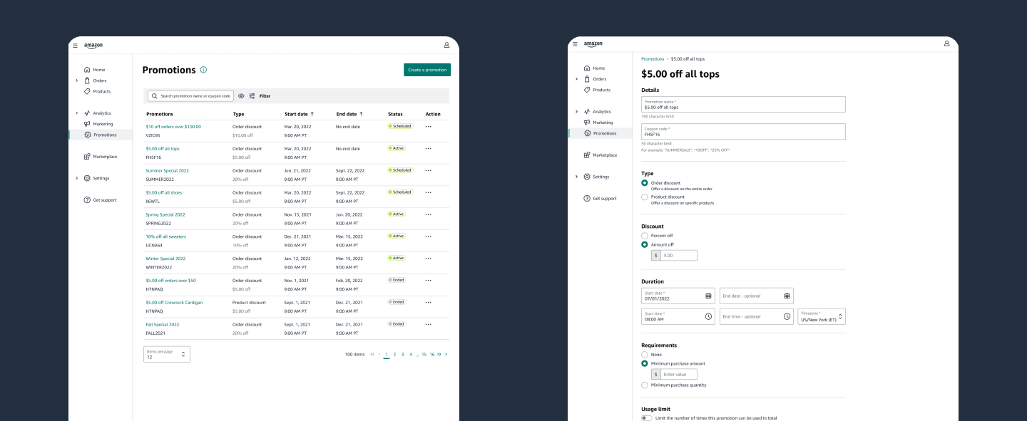 Manage Promotions — high-fidelity design screens showing the promotions list and promotion detail view