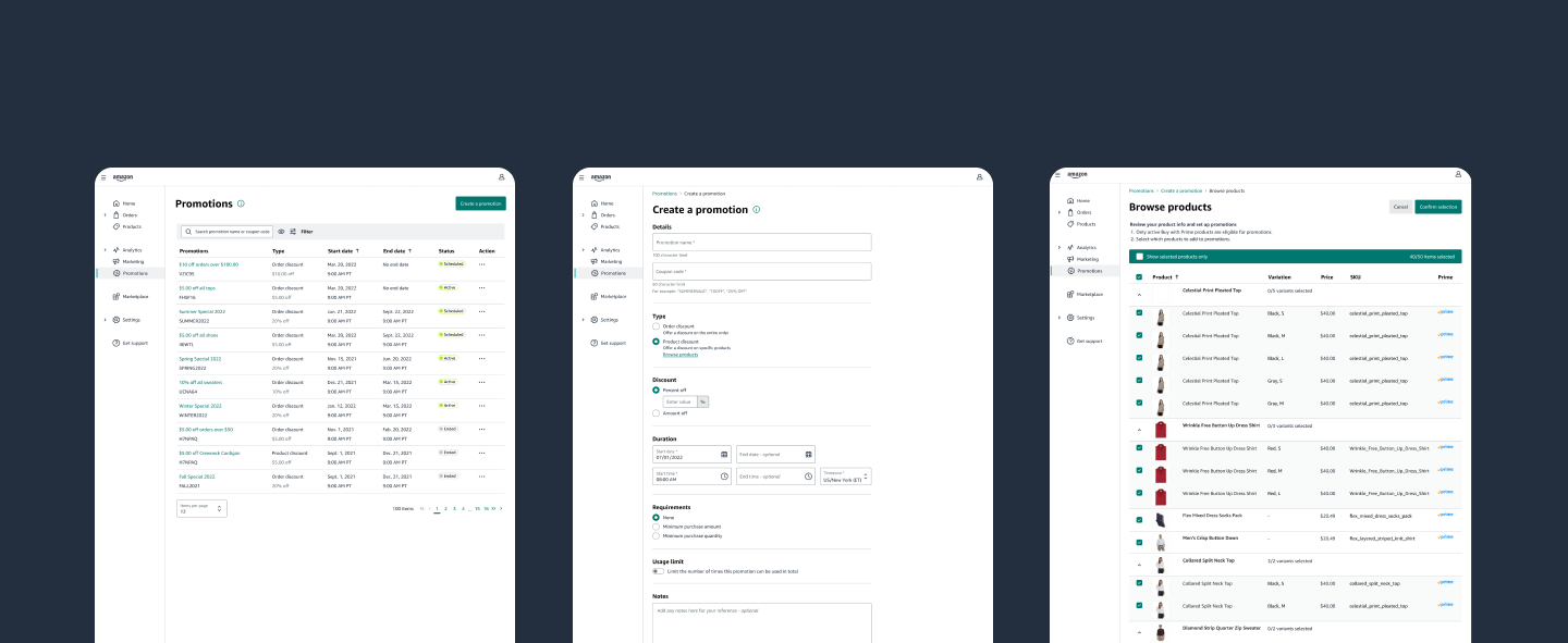 Browse Products for Promotion — high-fidelity screens for product selection within the promotion creation flow