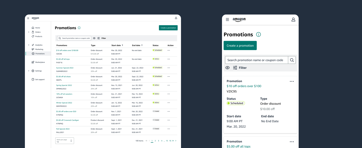 Mobile Experience — promotions management on mobile showing responsive design across devices