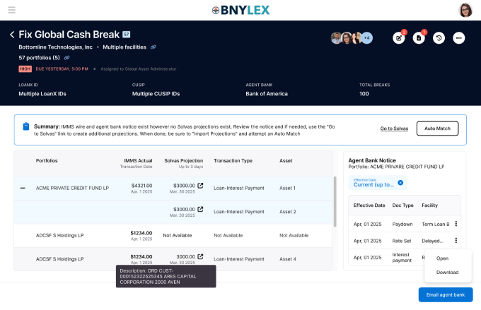 BNY LEX Global Cash Break dashboard — KPI strip, filterable break table, and AI summary bar