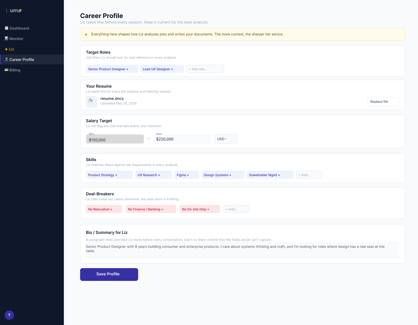 Luma Career Profile — Liz reads this before every session