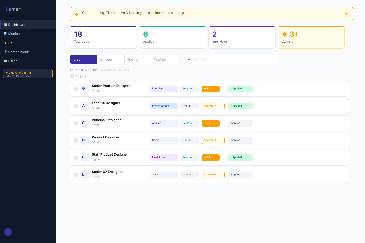 Luma dashboard — job pipeline list view with Liz score badges and stat cards