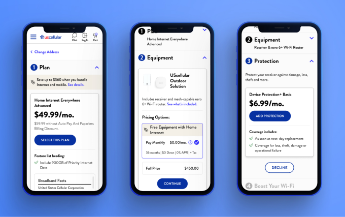UScellular checkout flow — Plan, Equipment, and Protection steps on mobile