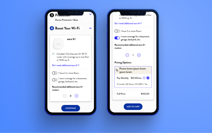 UScellular checkout flow — Device Protection details and Wi-Fi booster (eero 6+) selection